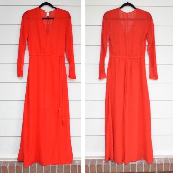H&M Dresses & Skirts - H&M Bold Bright Red Sleeved Deep V Neck Maxi Dress